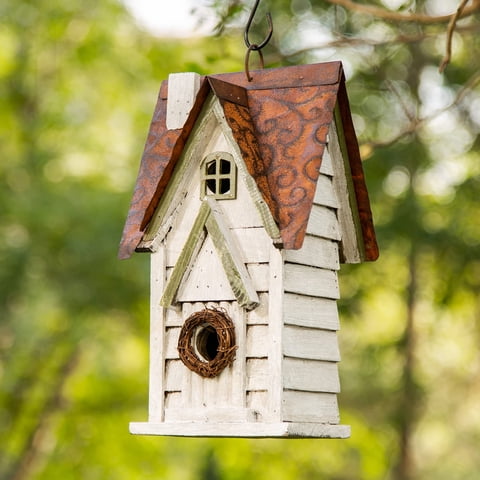Birdhouse Glitzhome Gh90086, Colgante De Madera Envejecida, Color Blanco