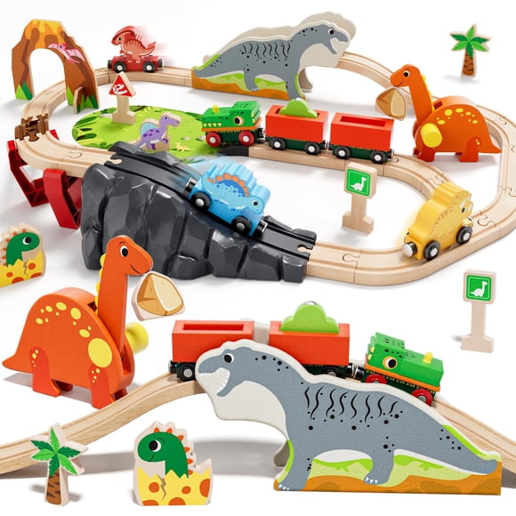 Set de tren de madera Lehoo Castle Dinosaur para niños de 2 a 4 años