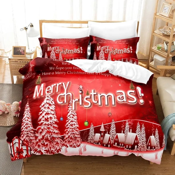Christmas Duvet Cover Set Red Colour Merry Christmas Theme Tree Gift Pattern For Kids Teens Adult Bedding Set