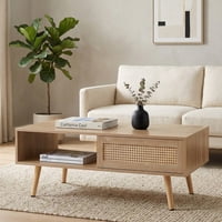 M&Ms - 41.34"" Rattan Coffee Table, Sliding Door For Storage, Solid Wood Legs, Modern Table For Living Room , Natural
