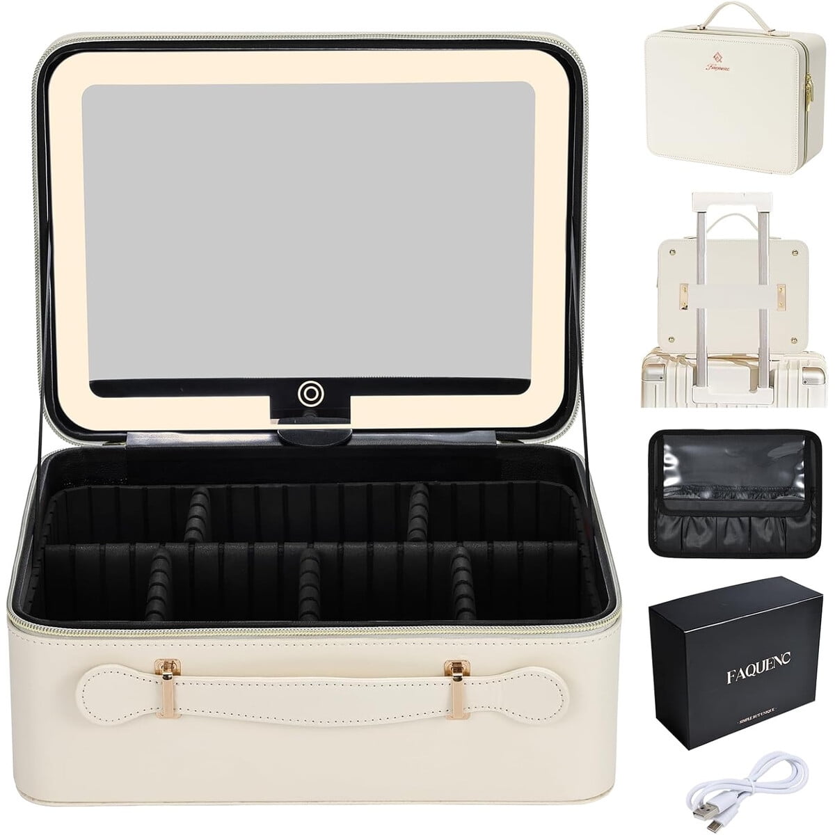 Neceser Maquillaje Faquenc Cuero 29cm Espejo Led Viaje