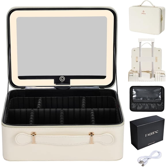 Neceser Maquillaje Faquenc Cuero 29cm Espejo LED Viaje