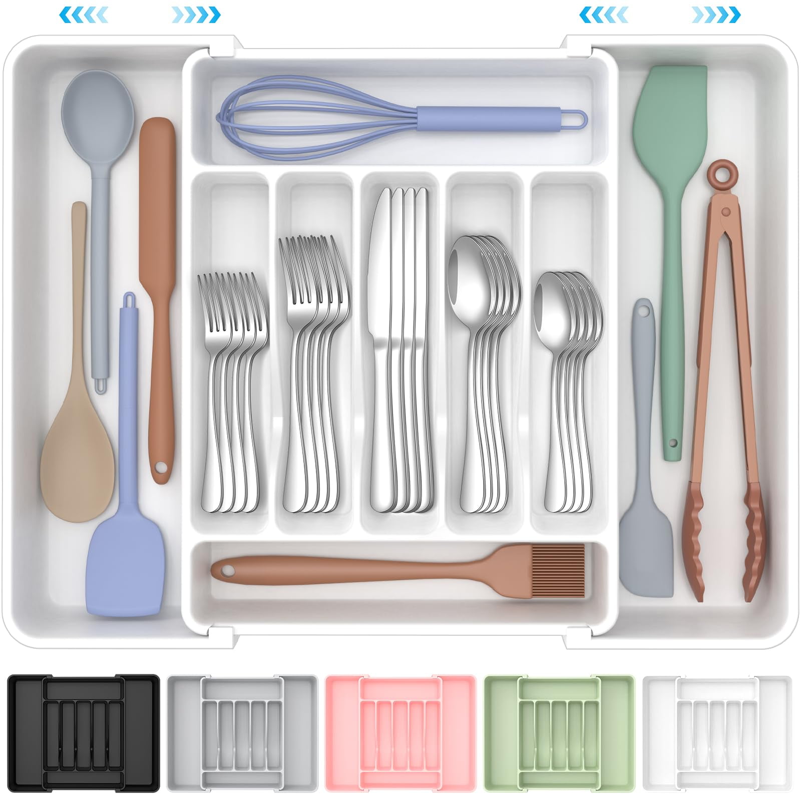 Organizador De Cubiertos Ukeetap, Extra Grande, Ampliable, Blanco