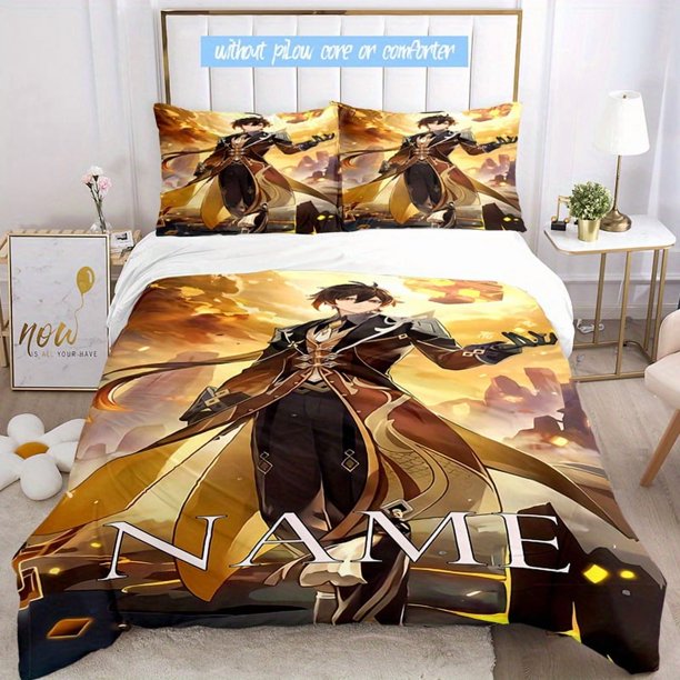 3pcs Custom Name Cartoon Original God Zhongli Bedding Set Duvet Cover Closure Includes 1 Duvet Cover & 2 Pillowcases for All Seasons Bedroom Decor