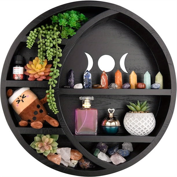 1pc Crescent Moon Shelf For Crystal Stones, Essential Oils, Small Plants And Art, Crystal Display Shelf, Gothic Wall Decor, Rustic Boho Shelves, Wooden Hanging Floating Shelf (Black)
