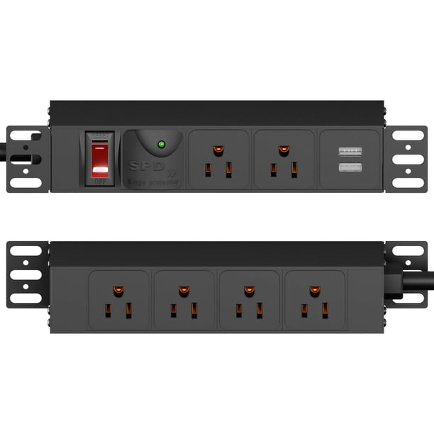 PDU para Rack GUITK 10'' 1U 6 Salidas con Protección contra Sobretensiones y 2 USB-A