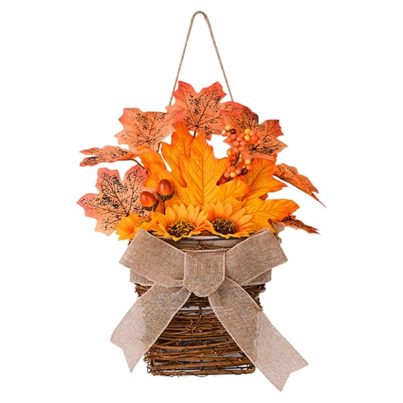 Cesta De Mimbre De Corona De Hoja De Arce Artificial Para Decoración De Otoño De Puertas Delanteras