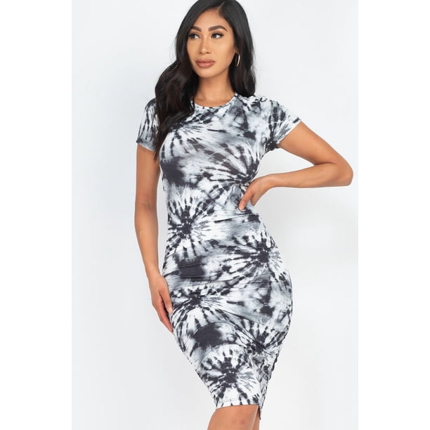 Saronite Vestido Ajustado de Manga Corta hasta la Rodilla con Estampado Tie-dye, Negro (para Mujer)
