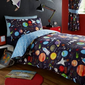 Milsleep - Azul Espacio Exterior Planetas Niños Ropa De Cama Twin Funda Nórdica Set Rockets Estrellas Azul Marino