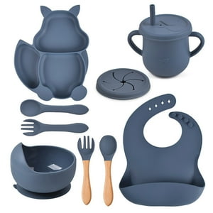 Veat00L - Platos Para Bebe Silicon,9 Pcs Vajilla Para Niños De Silicona De Grado Alimenticio,Tazas Con Pajitas, Cubierta De Merienda,Cucharas Y Tenedores,Baberos,Fácil De Limpiar, Apto Para Microondas
