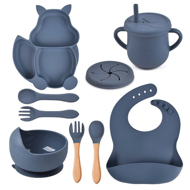 Platos Para Bebe Silicon 9 Pcs Vajilla Para Niños De Silicona De Grado Alimenticio Tazas Con Pajitas Cubierta De Merienda Cucharas Y Tenedores Baberos Fácil De Limpiar Apto Para Microondas