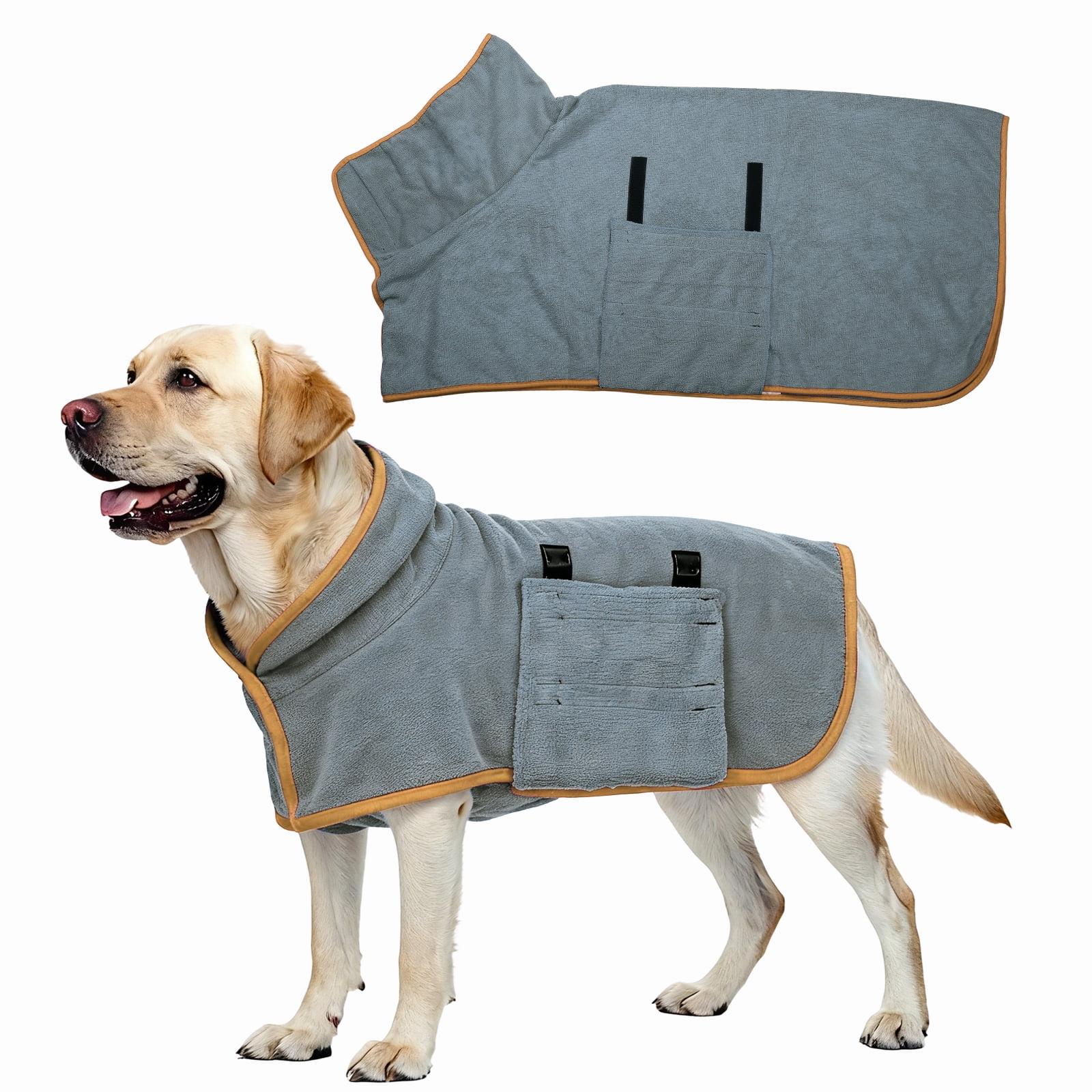 Uxcell Abrigo Secador para Perros, Batas para Perros para Después del Baño Bata Súper Absorbente Toalla Suave Ajustable, (XL, Gris y Ribete Naranja), Para Secado Rápido y Mantener Calor