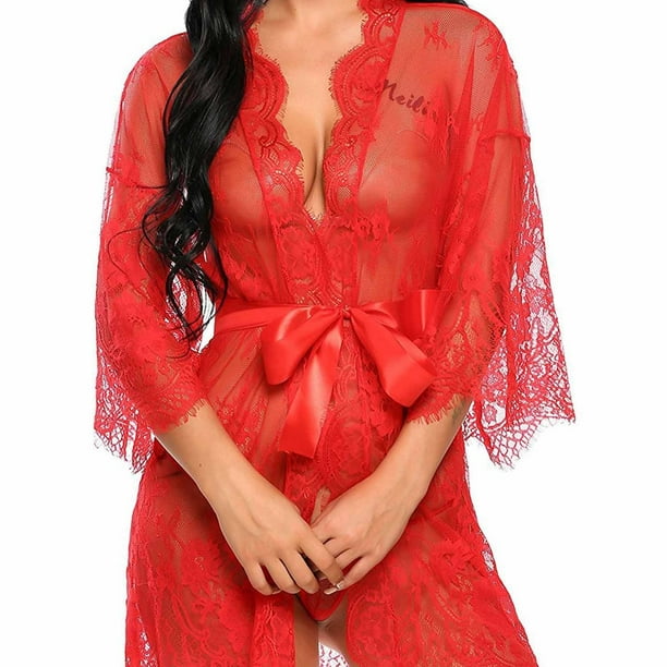 Sexy Floral Lace Cut Out Sleepwear, See Through Long Sleeve Short Robe With Belt & Thong, Women's Lingerie & Sleepwear