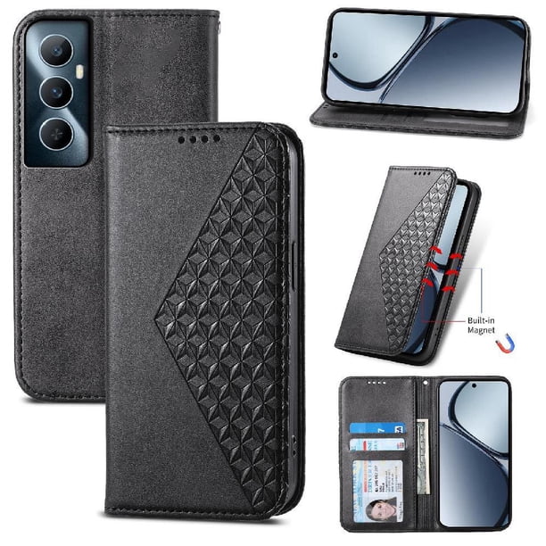 Funda Flip FOXDOCK para Realme C65 , Estilo Billetera con Diseño Rombo, Correa de Mano y Soporte, Uso Diario