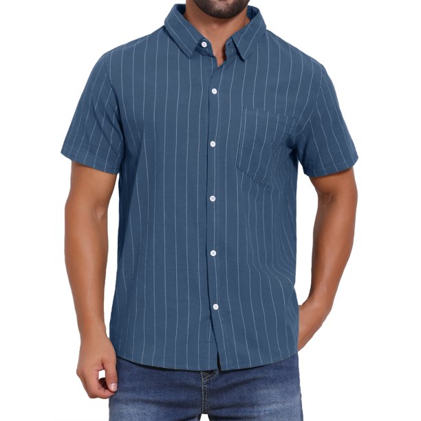 INSPIRE CHIC Camisas de Regreso a Clases para Hombres Cuello de Punta Manga Corta Botón Abajo Camisas Casuales de Rayas de Lino con Bolsillos L Azul Oscuro