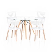 Klik Muebles - Comedor Mesa Eames Redonda Vidrio 100Cm + 4 Sillas Windsor Blancas