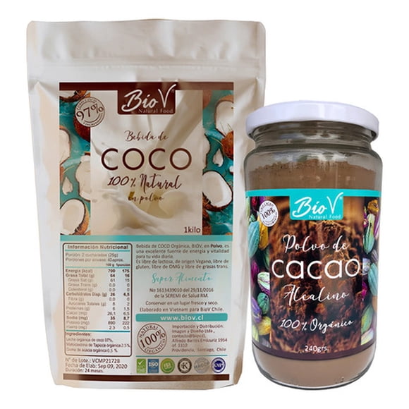 Leche De Coco 1 Kg + Cacao Alcalino 240gr Bio V