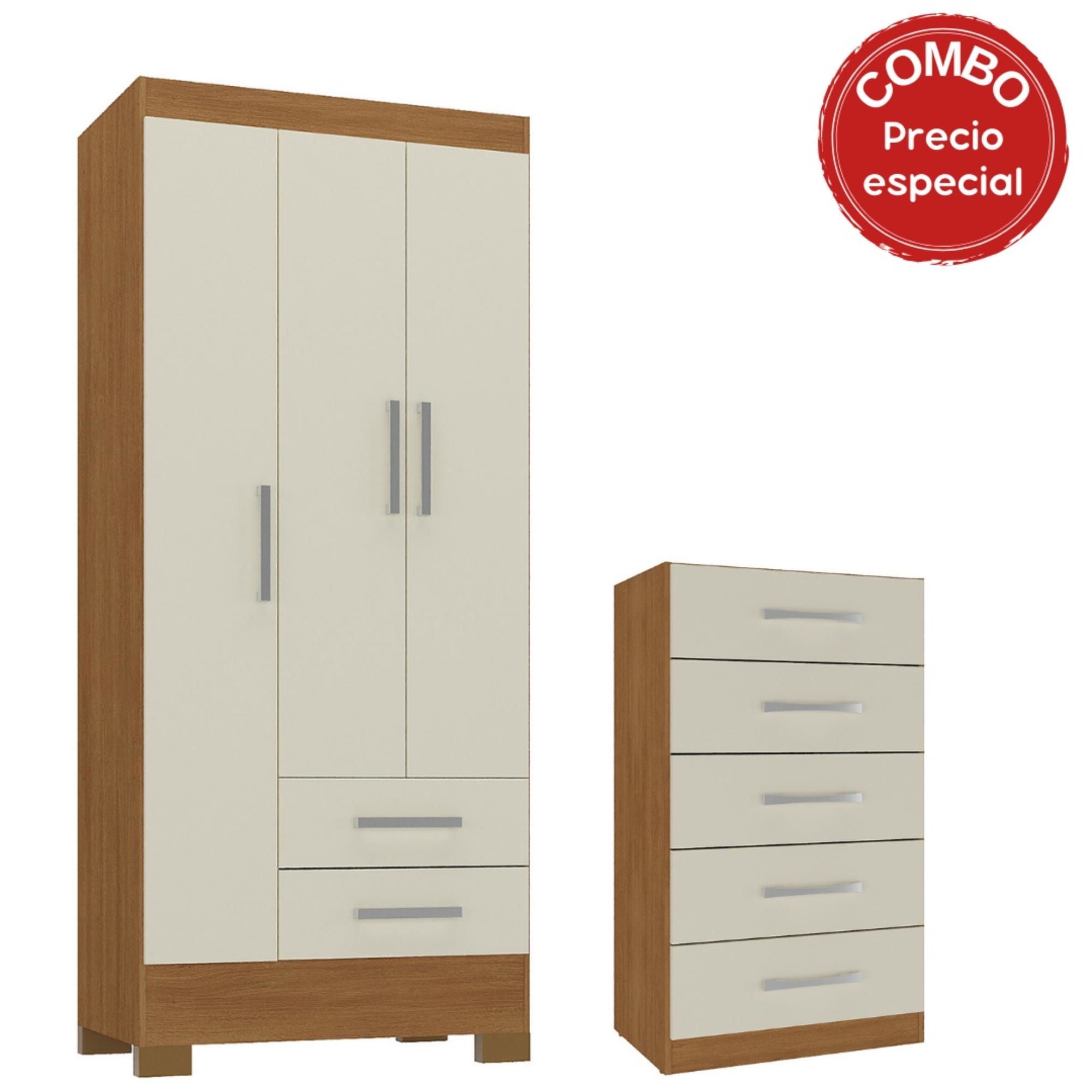 Mobilfrank - Clóset Ro32-Co5Co 3 Puertas 2 Cajones + Cómoda 5 Cajones Canela - Off White