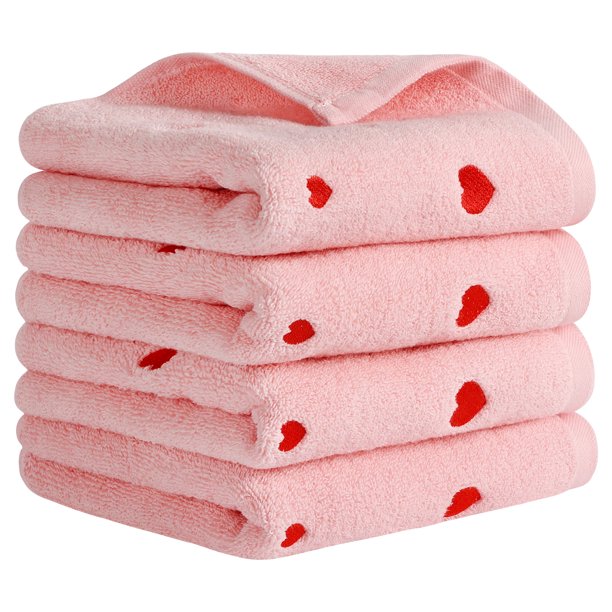 REGALWOVEN Toallas de Mano de Algodón para San Valentín, Patrón de Corazón y Letras de Amor, Decorativas y Absorbentes para Baño, Juego de 4 Piezas Rosadas