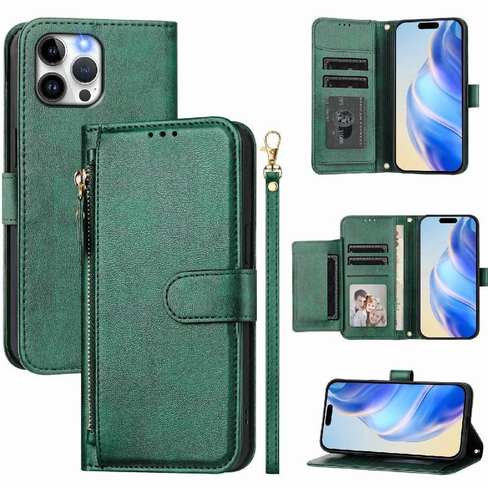 Foxdock - Funda Tipo Cartera Para Iphone 11 Pro Con Bolsillo Con Cremallera, Tarjetero, Soporte, Correa Para La Muñeca Y Tapa De Cuero Verde
