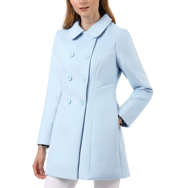 INSPIRE CHIC Abrigo de Mujer con Cuello Peter Pan Doble Botonadura Abrigo de Invierno Trinchera Azul Talla L