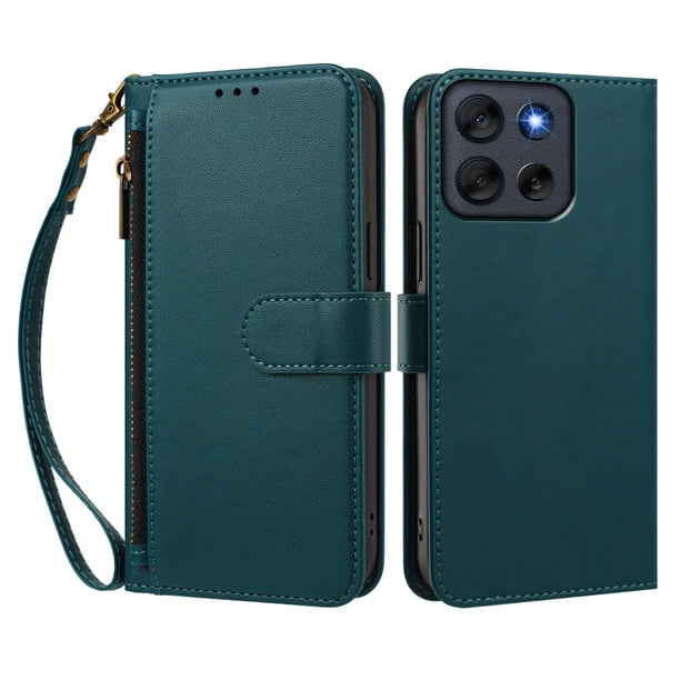 Funda Tipo Billetera para Motorola Moto G56 con Soporte y Bolsillo con Cierre Verde