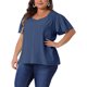 thumbnail image 4 of Agnes Orinda Blusa de Chifón de Verano con Cuello en V, Hombro Fruncido y Mangas con Volantes para Mujer de Talla Grande 4X Azul Oscuro, 4 of 6
