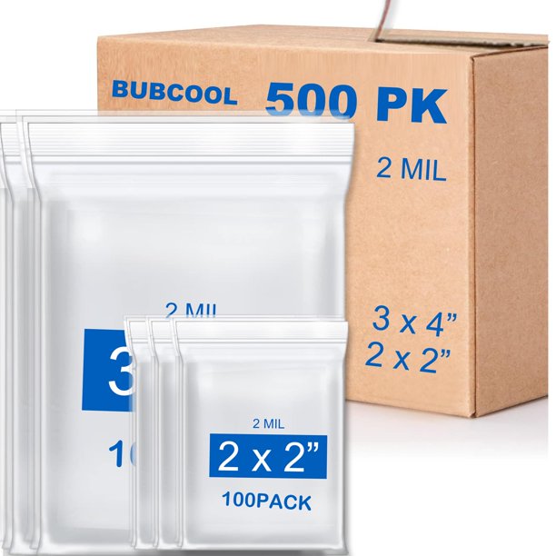 Bolsas plásticas bubcool, 500 unidades, tamaños 2x2 cm y 3x4 cm, con cierre resellable