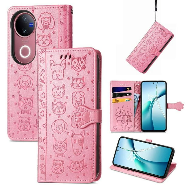 Funda Cartera FOXDOCK para Vivo V50 5G , Flip PU con Relieve de Gatos y Perros, Tarjetero y Soporte