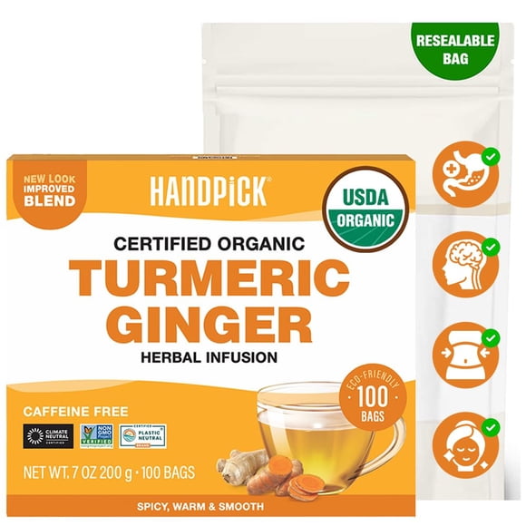 Té Orgánico HANDPICK de Cúrcuma y Jengibre 100 Bolsitas Sin Cafeína