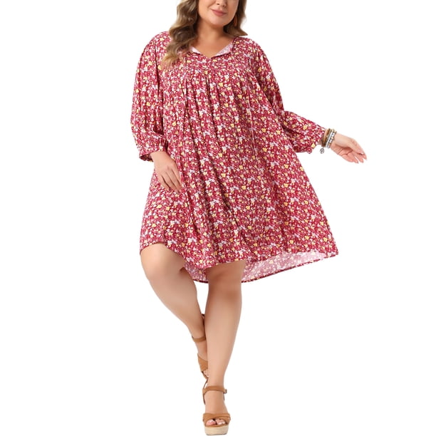 Agnes Orinda Vestido de Verano Talla Grande para Mujeres Escuela Universidades Vestido Midi Flowy con Cordón en el Cuello en V Babydoll Sundress 1X Rojo
