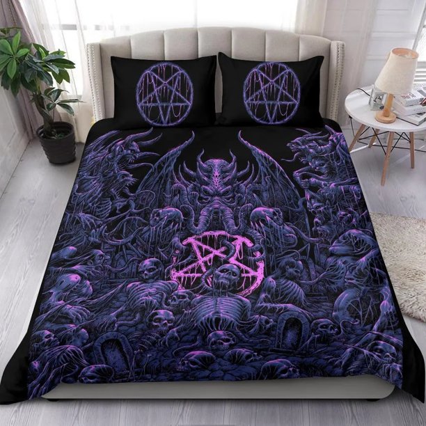 Skull Skeleton Satanic Goat Skull Duvet Cover Set Trophy Demon Breed Bedding Sets Night Blue Pink Satanic Baphomet Quilt Cover Bed Sheets