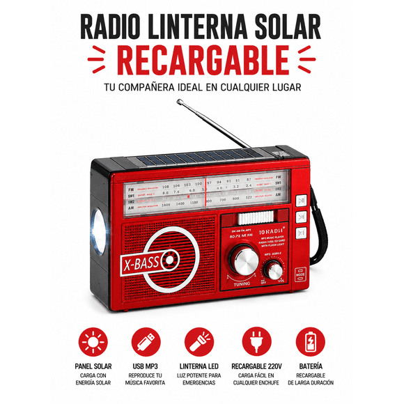 Radio Linterna Solar Recargable AM FM SW USB Emergencia