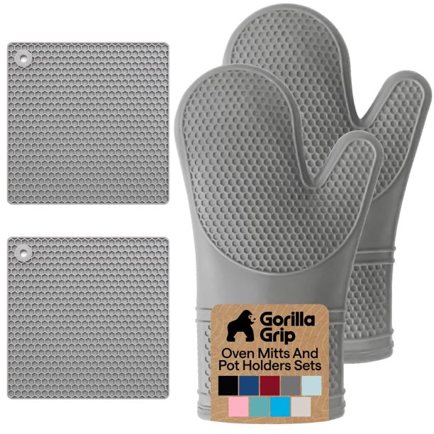 Set de Guantes de Horno y Soportes para Ollas GORILLA GRIP Gris, Silicona Libre de BPA