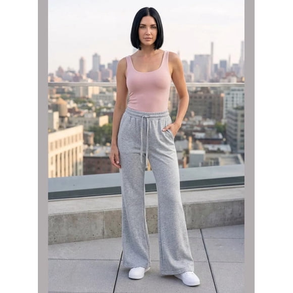 Pantalón Mujer Flare Pierna Ancha Cintura Elasticada Gris