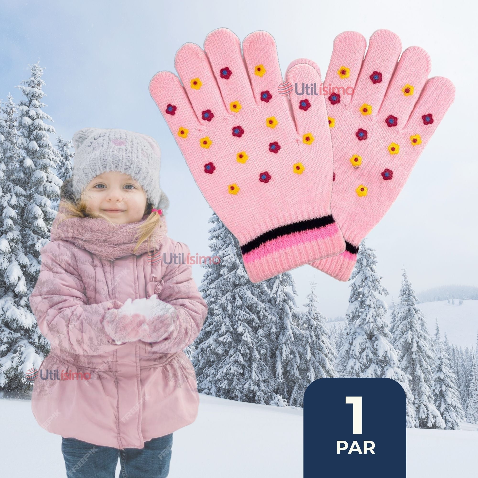 Line - Guantes 14cm Lana Acrílica Niña Estampado Flores Colores Surtidos