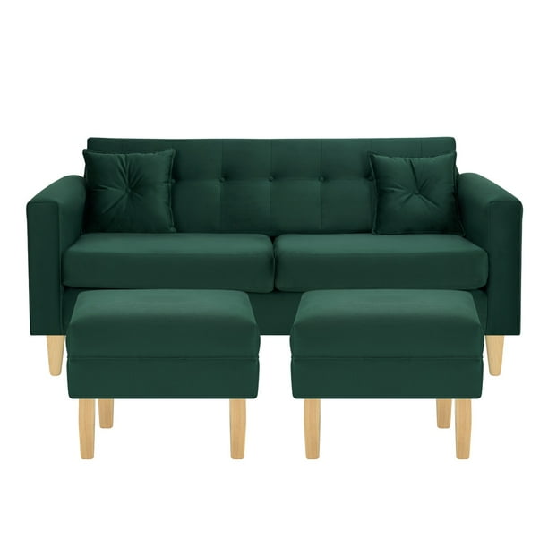 Sofa New Retro 3c + 2 Pouf Felpa 05 Verde Botella