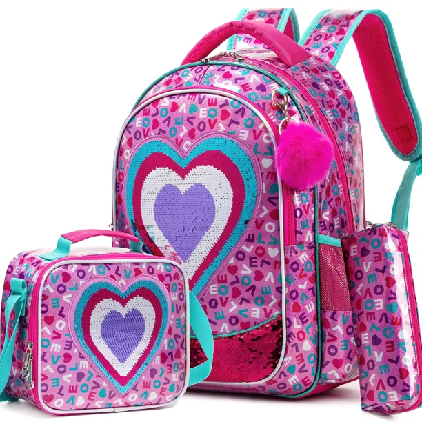 BIKAB Bookbag for Girls Backpack for Girls rainbow and star School Bag with Lunch Box Set for Kindergarten Glitter Sequin