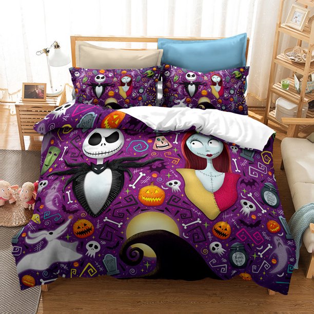 The Nightmare_Before_Christmas 3 Pcs Comforter Set with 2 Pillowcases,Jackkellington Sall_y Bedding Set Sheet Set for Kids Adults,All Season Lightweight