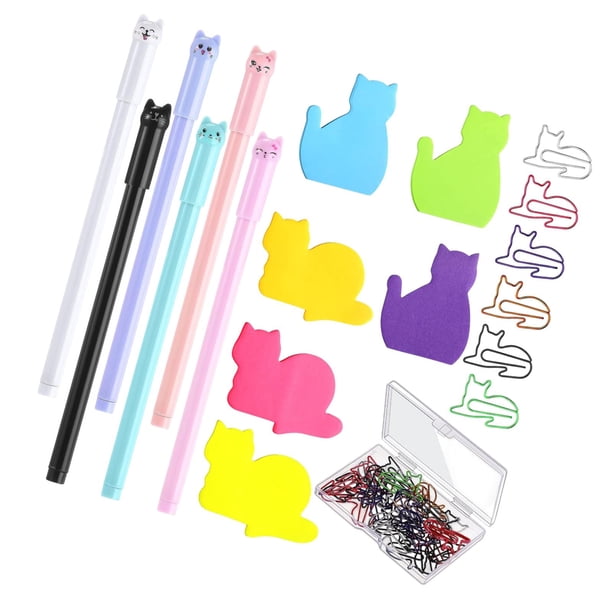 Papelería en forma de gato Juego de 6 bolígrafos prácticos, portátiles, almohadillas pegajosas, 6 almohadillas Notas pegajosas 30 clips de papel para