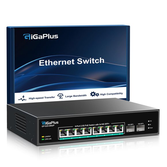 Conmutador PoE GigaPlus de 10 puertos y 2,5 Gb no gestionado con 8 puertos PoE+