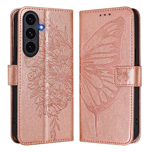 Funda cartera mariposa para Samsung Galaxy S25 FE con soporte y ranuras para tarjetas Oro rosa