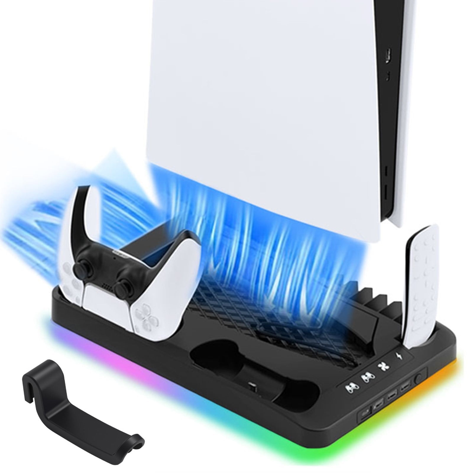 Soporte De Enfriamiento Aaronmei Para Ps5 Y Ps5 Slim Con Cargador Dual, Hub Usb 4 Puertos, Soportes Para Cartuchos Y Control Remoto Led Rgb Negro