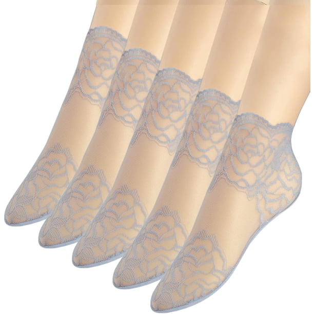 Calcetines tobilleros de encaje para mujer - 5 pares de calcetines con volantes - Calcetines tobilleros de rejilla para mujer