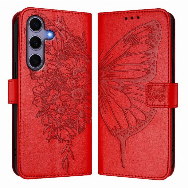 Funda Cartera Mariposa Para Samsung Galaxy S24 Con Soporte Y Ranuras Para Tarjetas Rojo