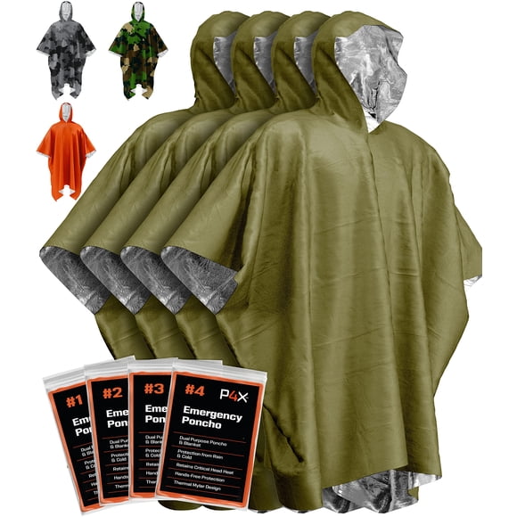 Poncho de lluvia de emergencia PREPARED4X con forro de manta Mylar, paquete de 4