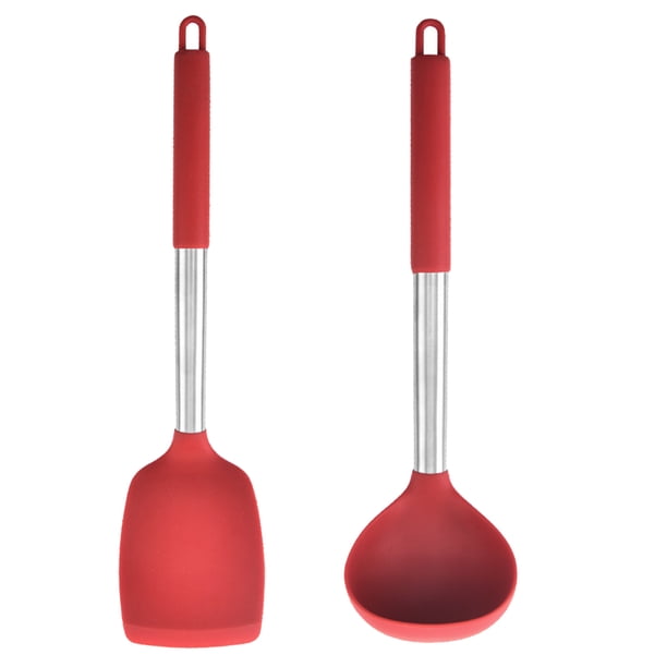Utensilios de cocina de 2 piezas, cabezales de silicona aptos para uso alimentario y mangos de acero inoxidable, color rojo