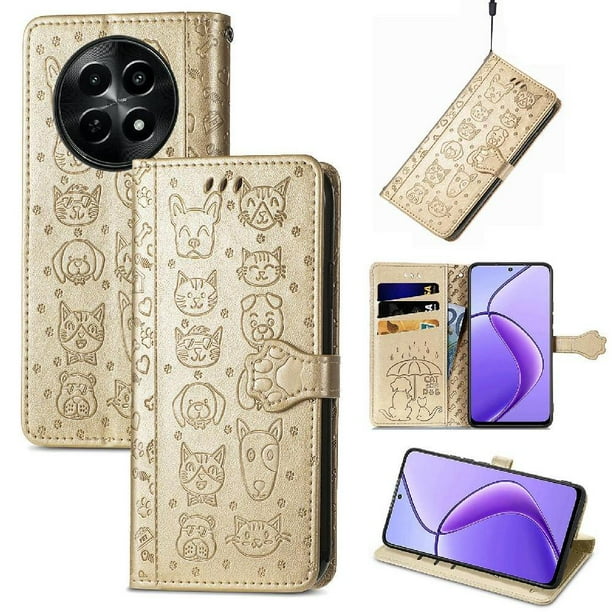 Funda Cartera FOXDOCK para Realme 12 , Flip PU con Relieve de Gatos y Perros, Tarjetero y Soporte