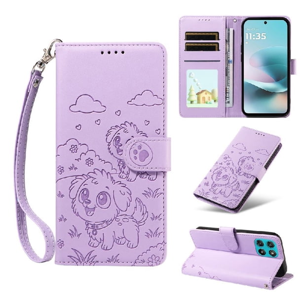 Funda Cartera para Motorola Moto G67 Power 5G Perro Cachorro Grabado con Tarjetas Soporte Correa Morado