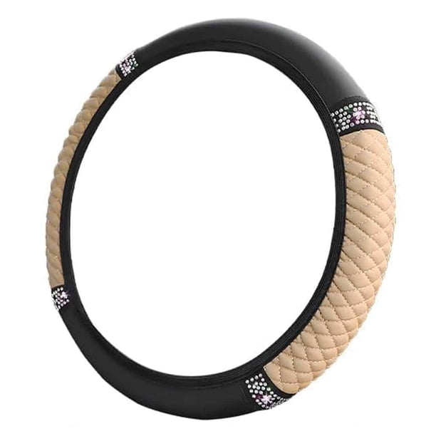 Funda para volante de coche con diamantes de imitación en color tridimensional bordados en cuero sin anillo interior, adecuada para mujeres de 14,5 a 15 pulgadas